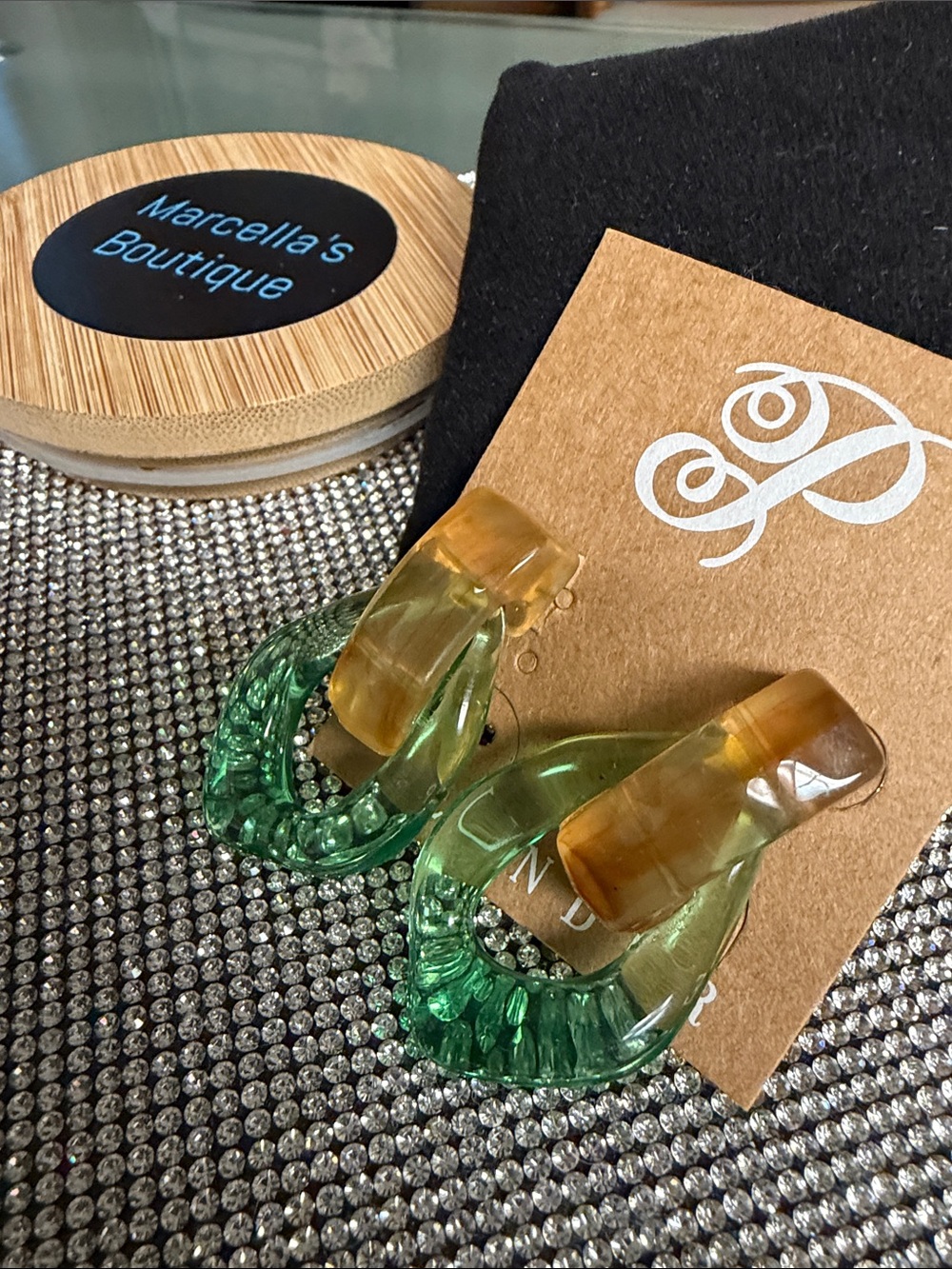 Plunder Green and Amber Lucite Hoop Earrings